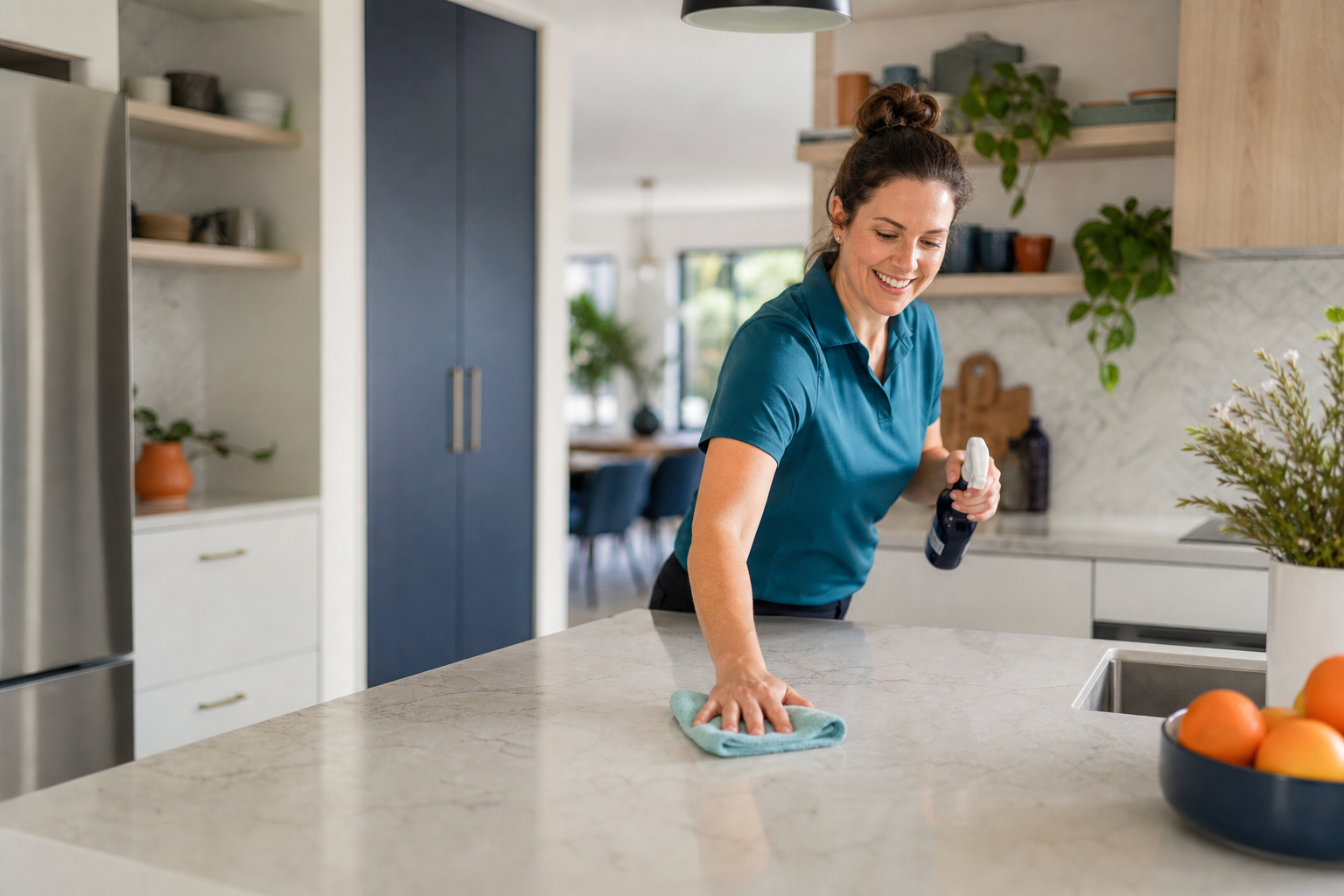 Cleaner wiping down a kitchen benchtop and splashback