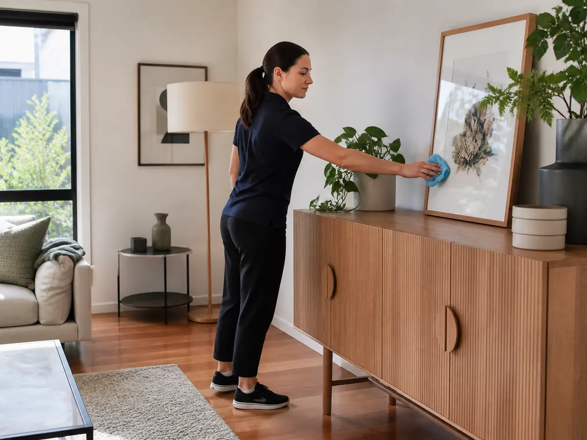 Cleaner dusting surfaces in a living area
