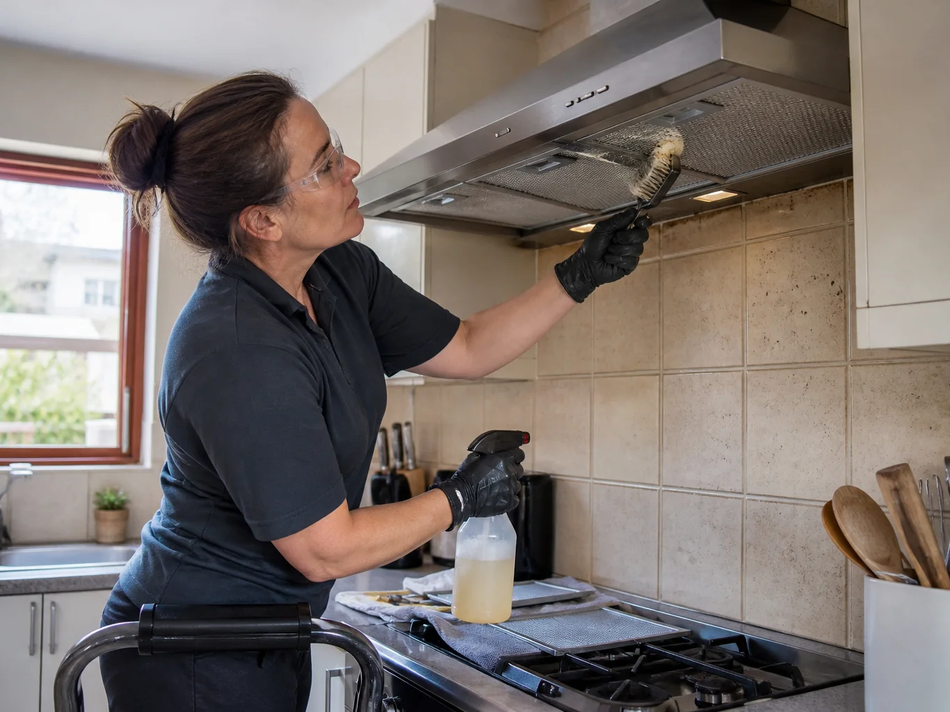 Cleaner removing grease from the underside of a kitchen rangehood