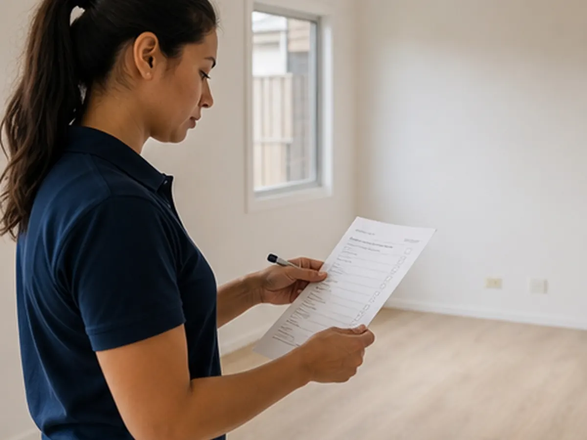 Cleaner reviewing a room checklist in an empty Adelaide rental