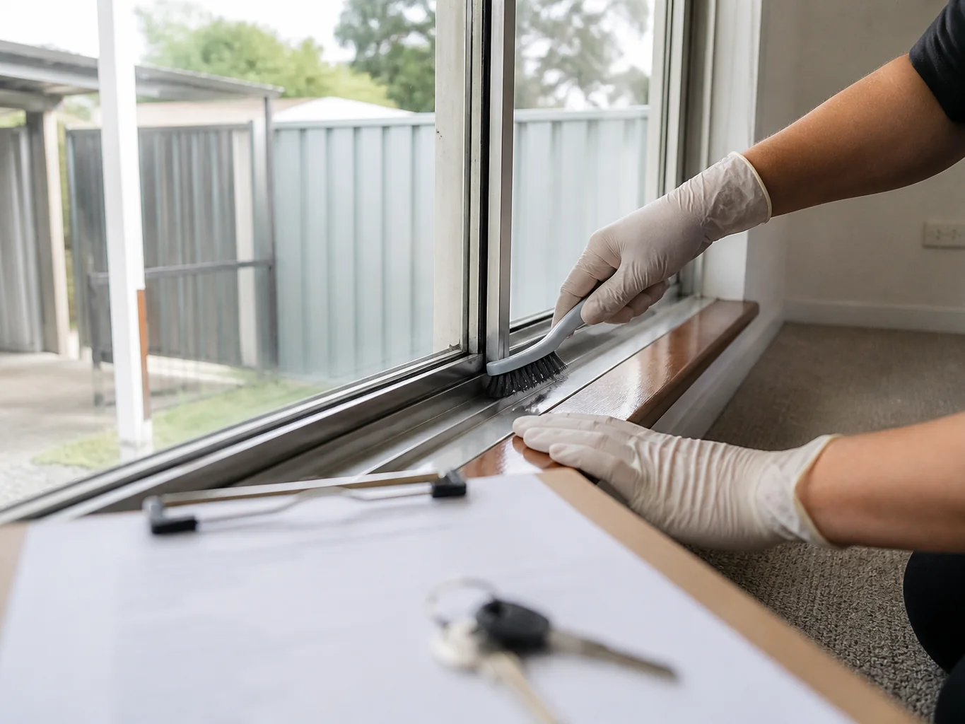 Gloved cleaner brushing debris from an aluminium window track