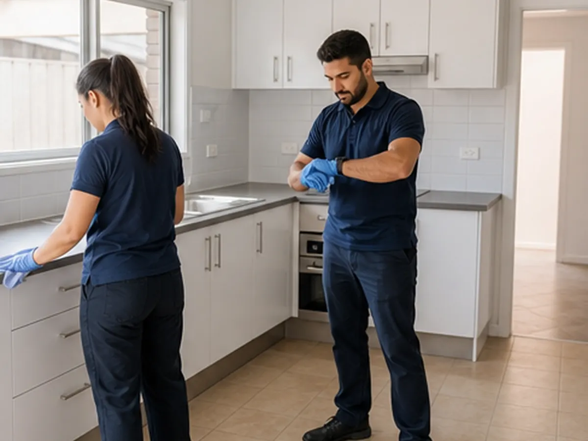 Two cleaners coordinating work in the kitchen of a vacant rental