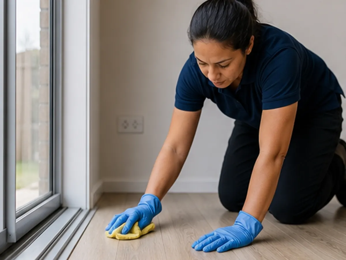 Cleaner removing dust from a sliding window track in an empty room