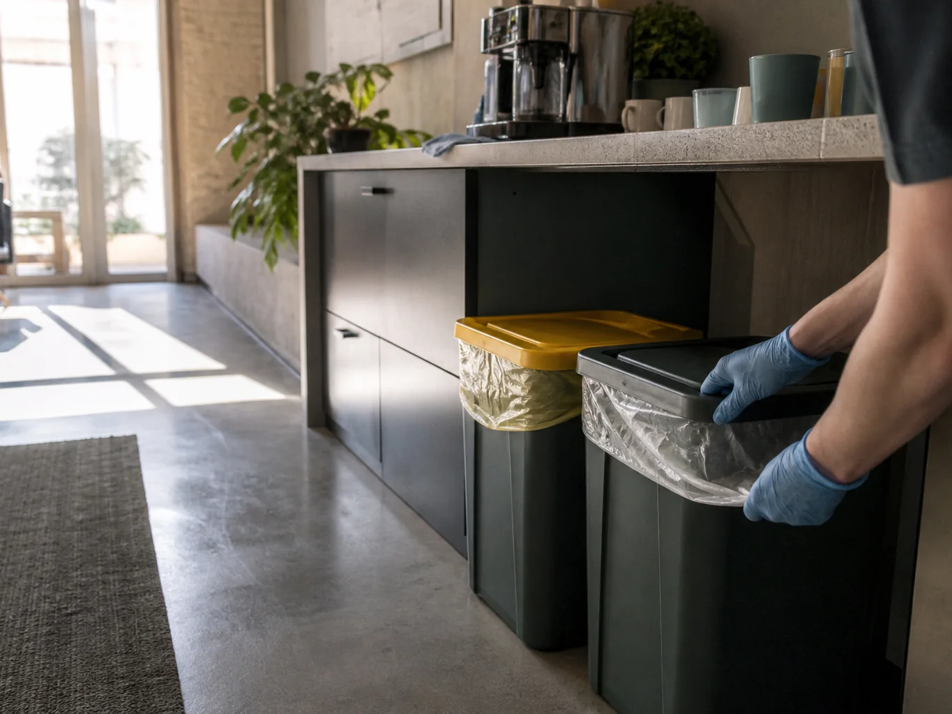 Cleaner relining waste and recycling bins below an office kitchenette