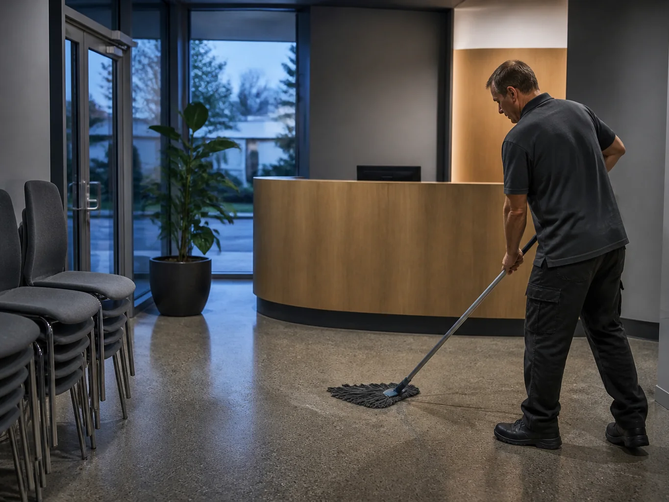 Cleaner mopping an allied-health reception area before opening