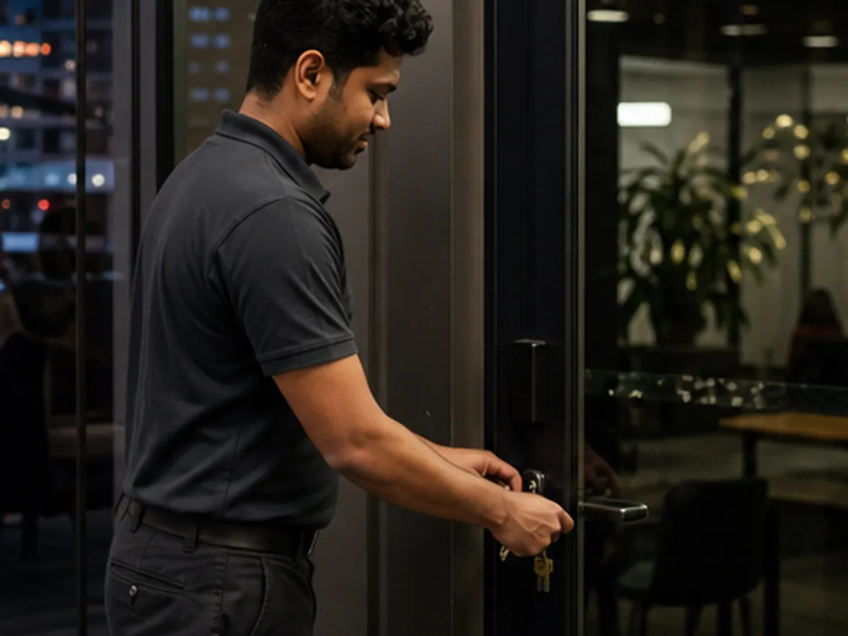 Uniformed cleaner locking a professional office after an evening visit