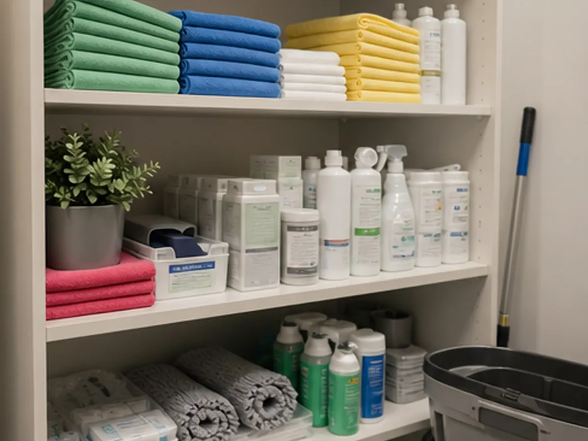 Organised colour-coded cloths and low-odour supplies in an office utility area