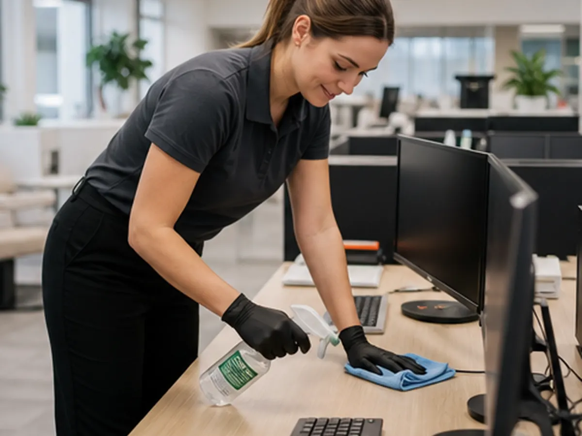 Cleaner sanitising a shared office desk around computer equipment