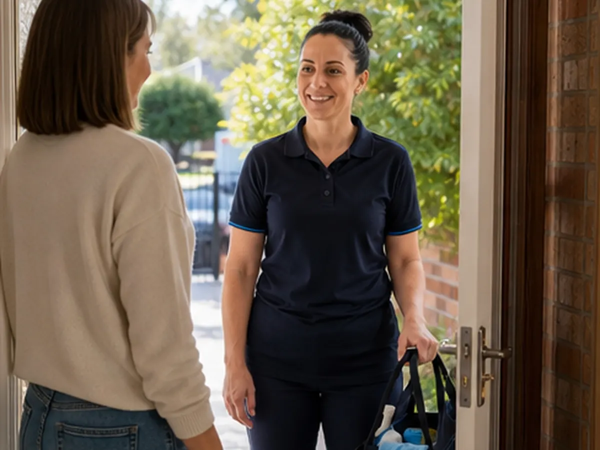 Homeowner greeting her familiar uniformed cleaner at the front door