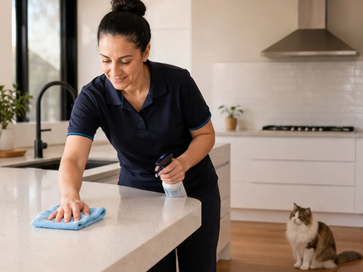 Professional cleaner wiping a kitchen bench while a household cat waits nearby