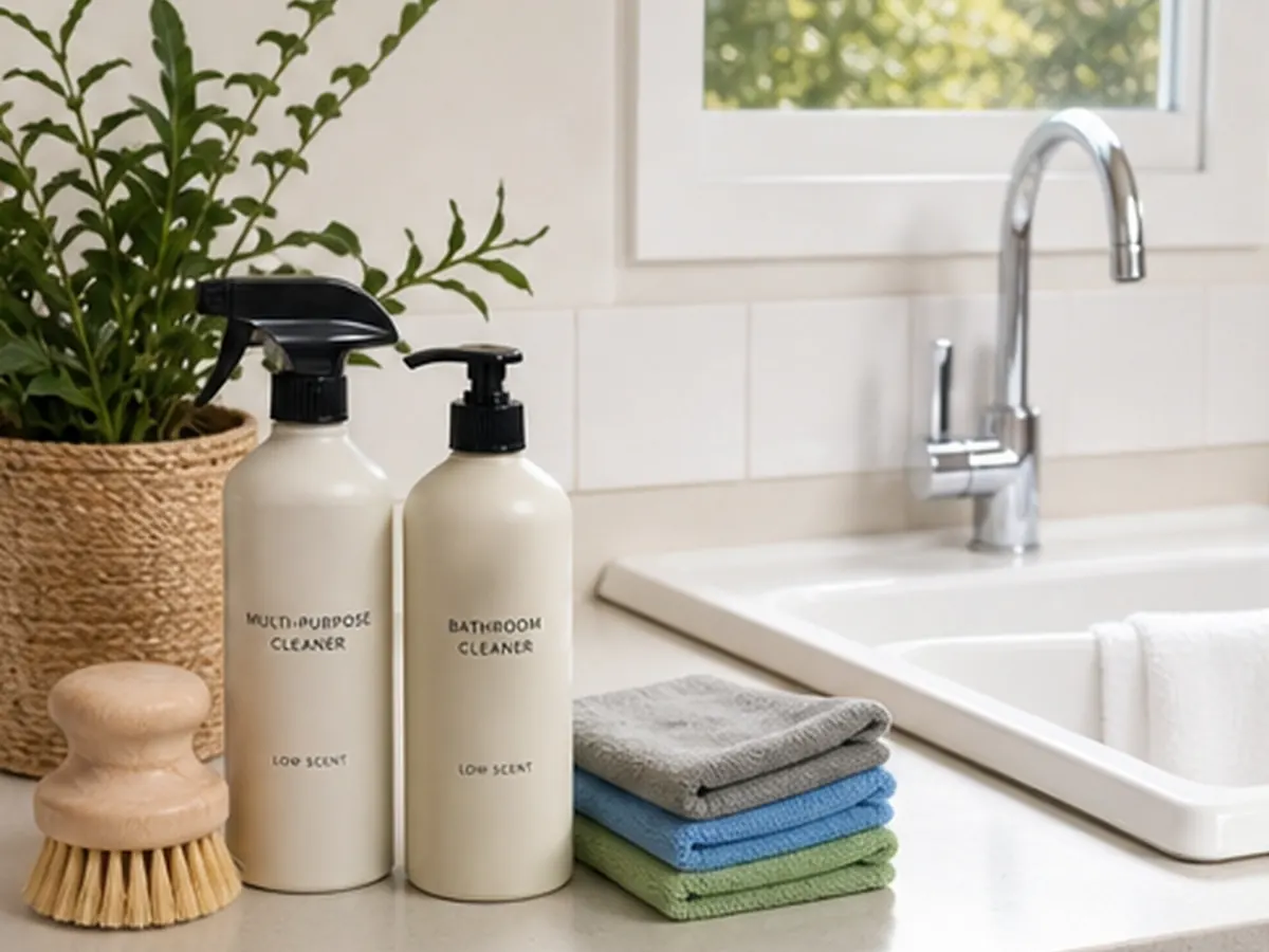Low-scent cleaning products, brushes and colour-coded cloths beside a laundry sink