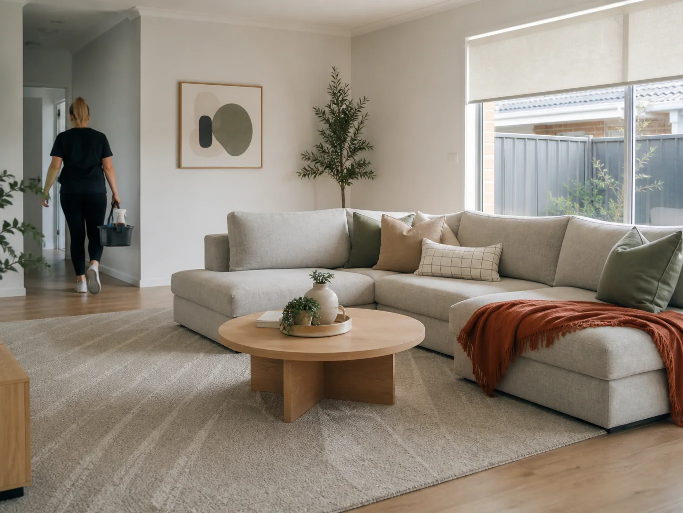 Freshly cleaned living room as the cleaner carries equipment away