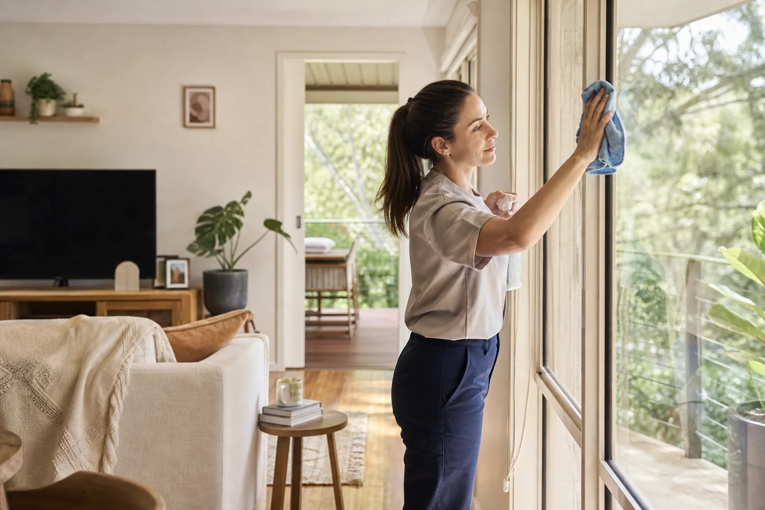 Cleaner wiping a sunlit window during a spring clean