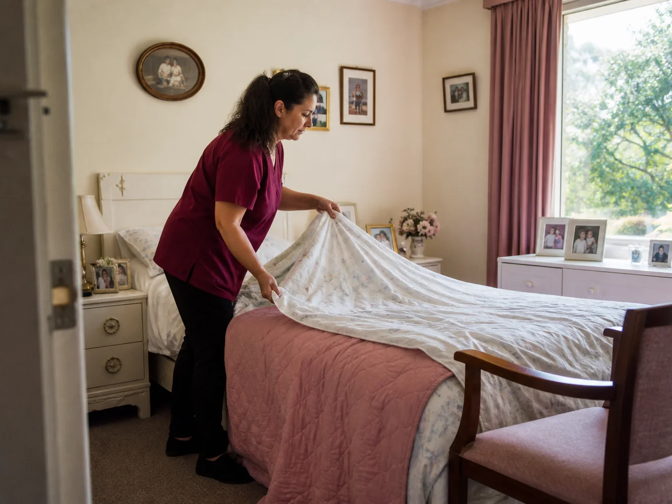 Cleaner changing a lightweight duvet in an older person’s bright bedroom