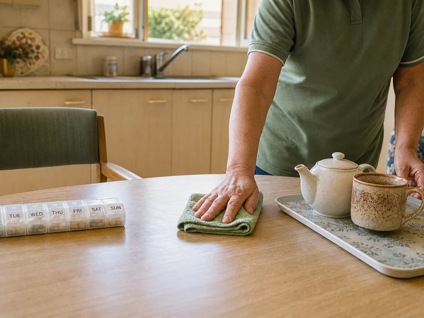 Cleaner wiping a kitchen table while personal medicine remains untouched