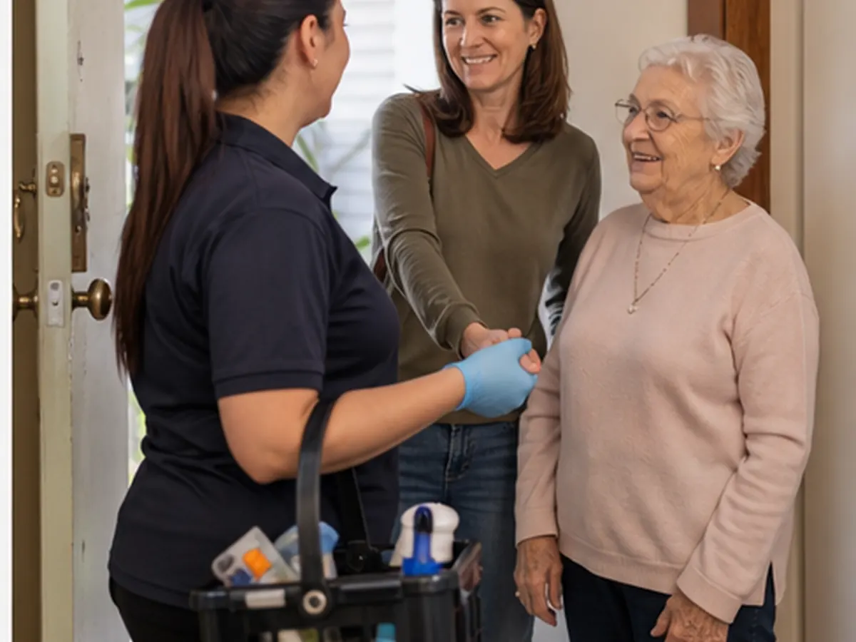Cleaner greeting an older resident and her adult daughter at home