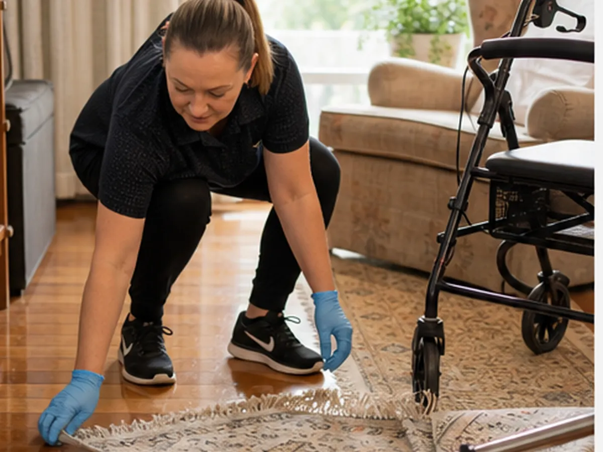 Cleaner returning a rug flat beside a walking frame after vacuuming