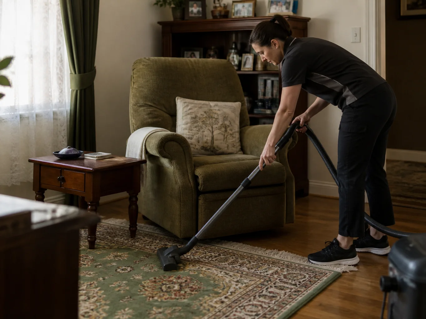 Cleaner vacuuming the edge of a rug in an older Adelaide lounge