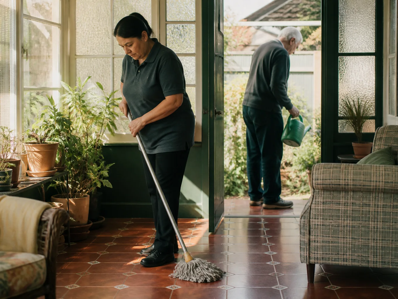 Cleaner mopping an older home’s sunroom while the resident tends plants