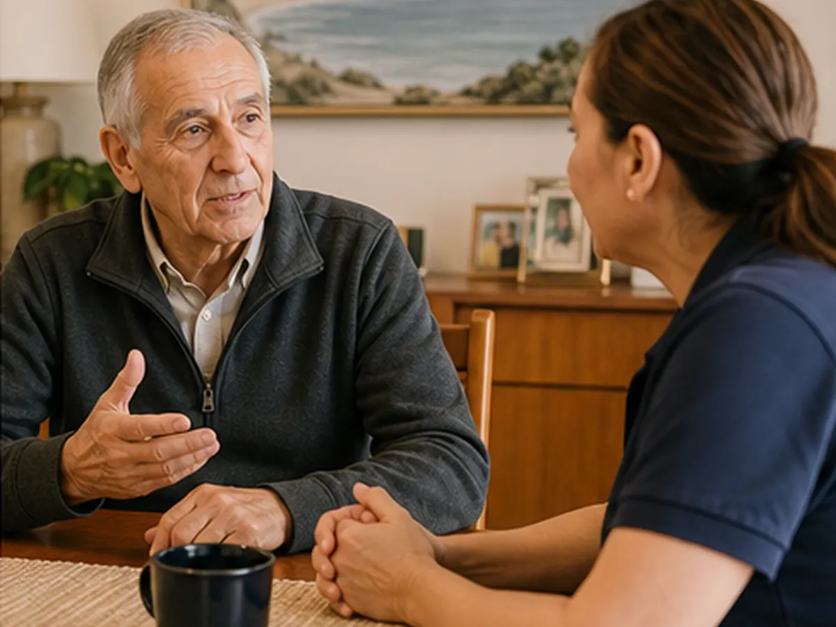 Older veteran explaining household preferences to a familiar cleaner
