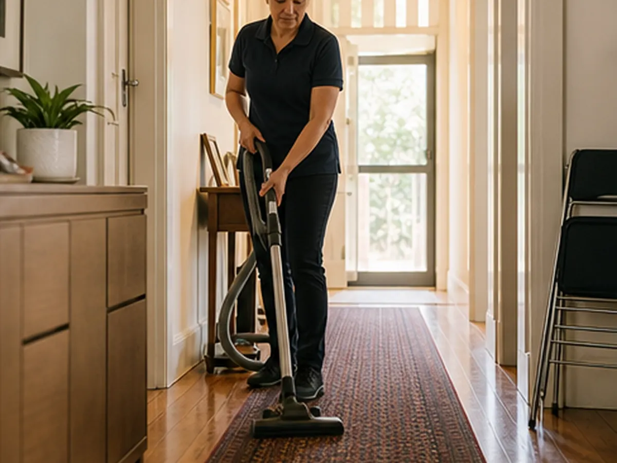 Cleaner vacuuming a clear hallway in an older Adelaide home