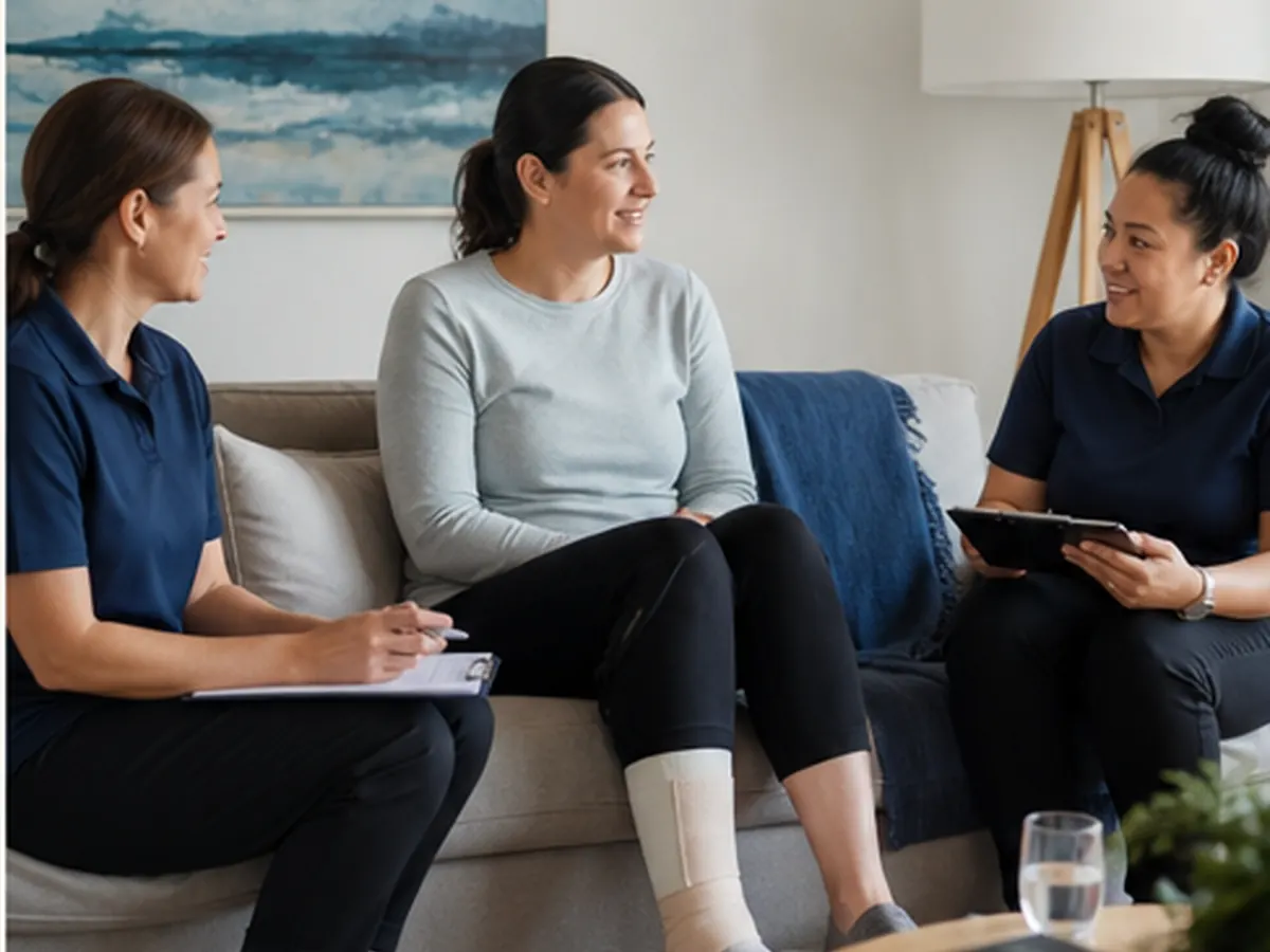 Person recovering at home discussing a cleaning plan with a coordinator and cleaner