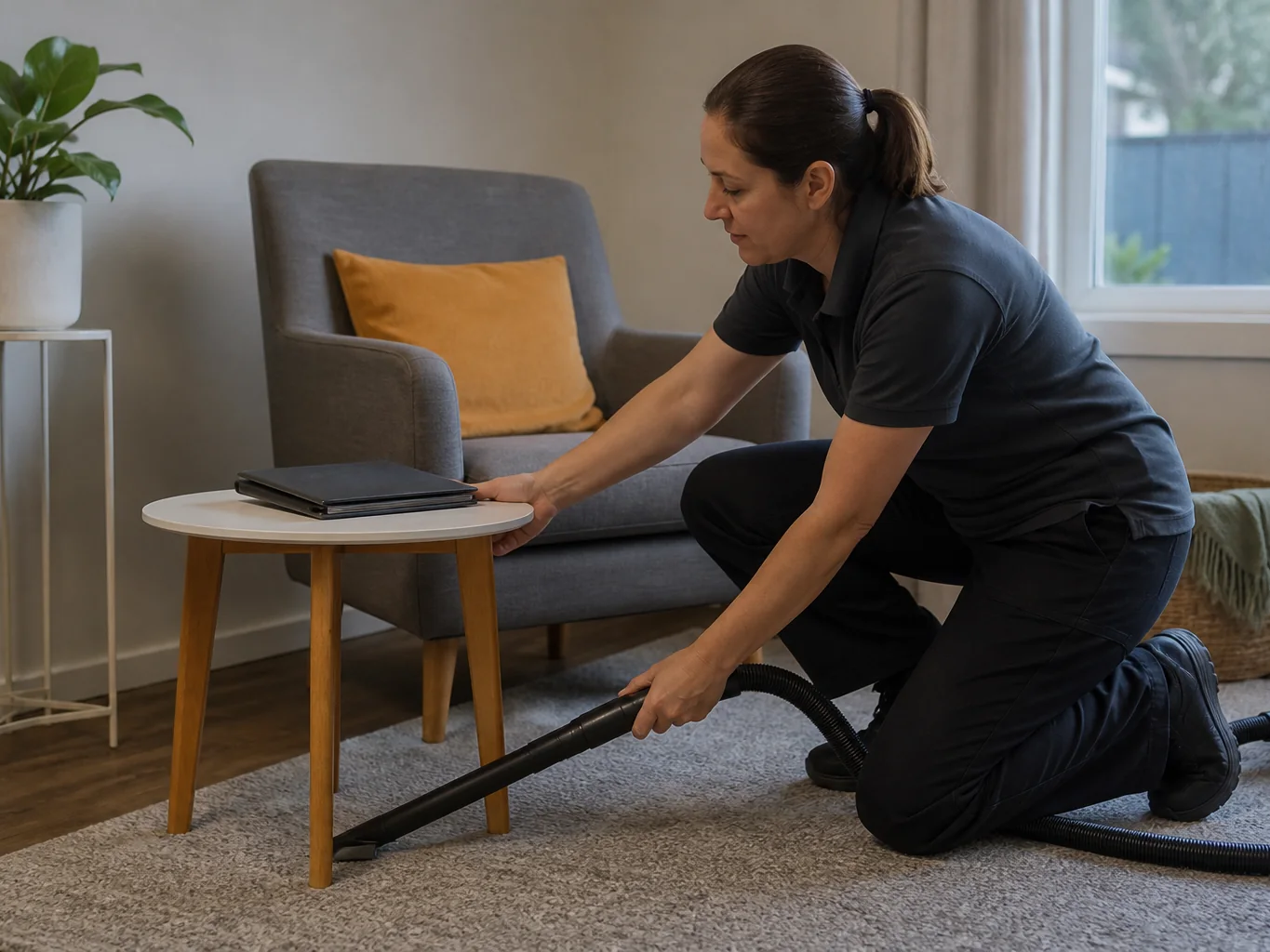 Cleaner vacuuming beneath a side table beside a supportive armchair