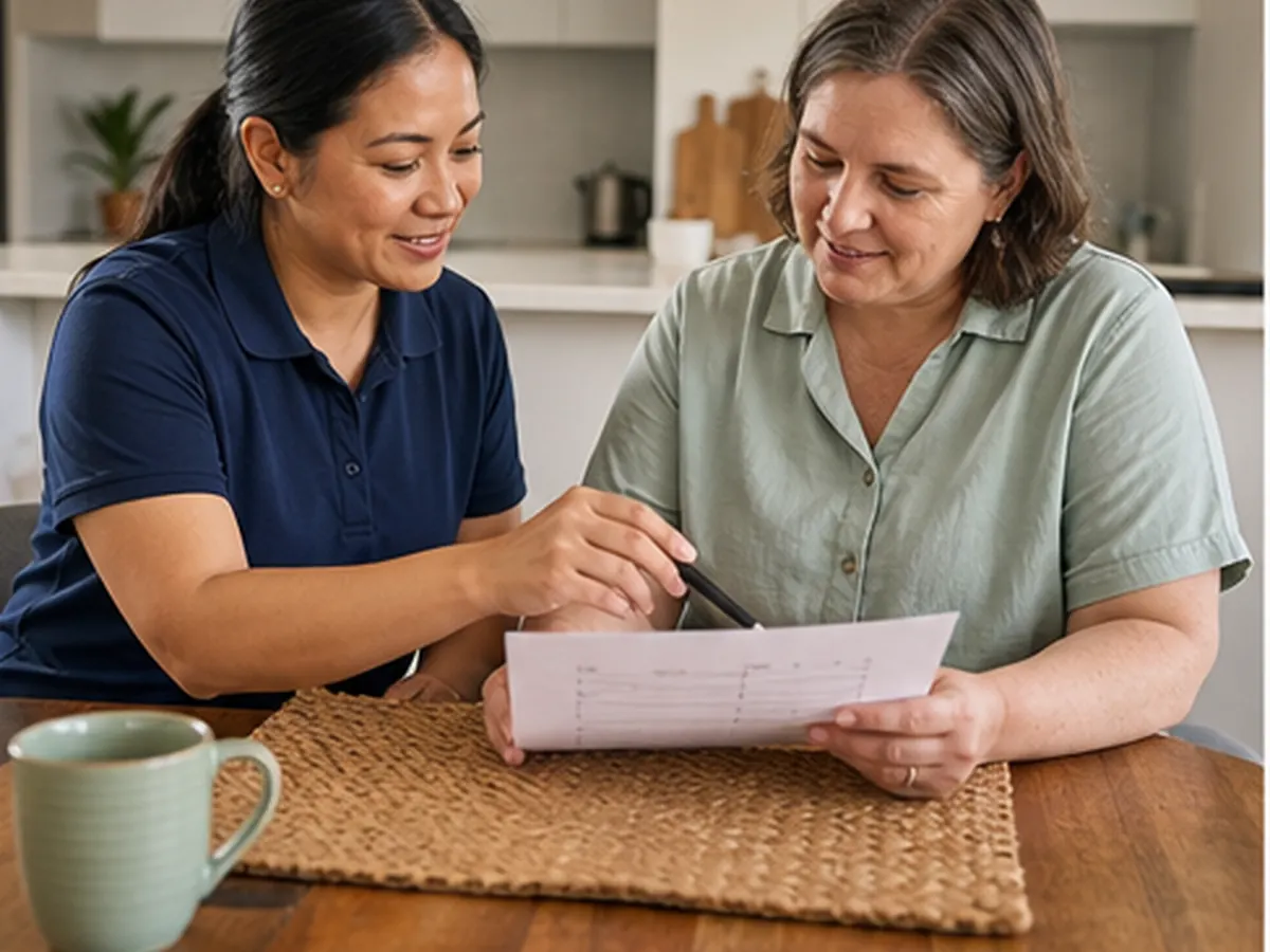Participant and cleaner reviewing household cleaning priorities together