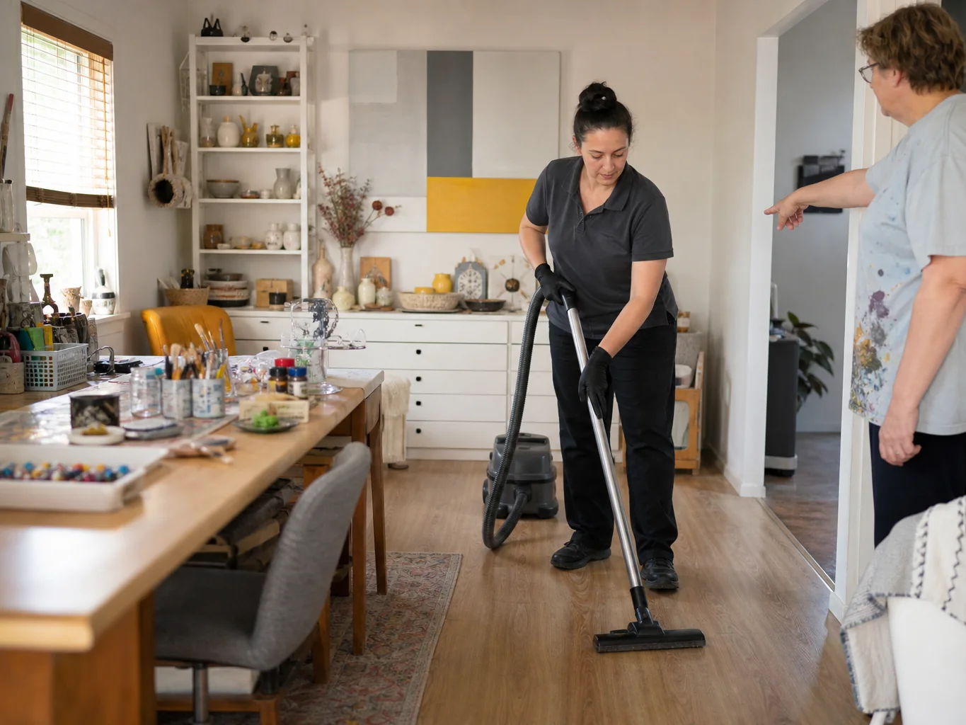 Resident directing a cleaner around an organised hobby area while the floor is vacuumed