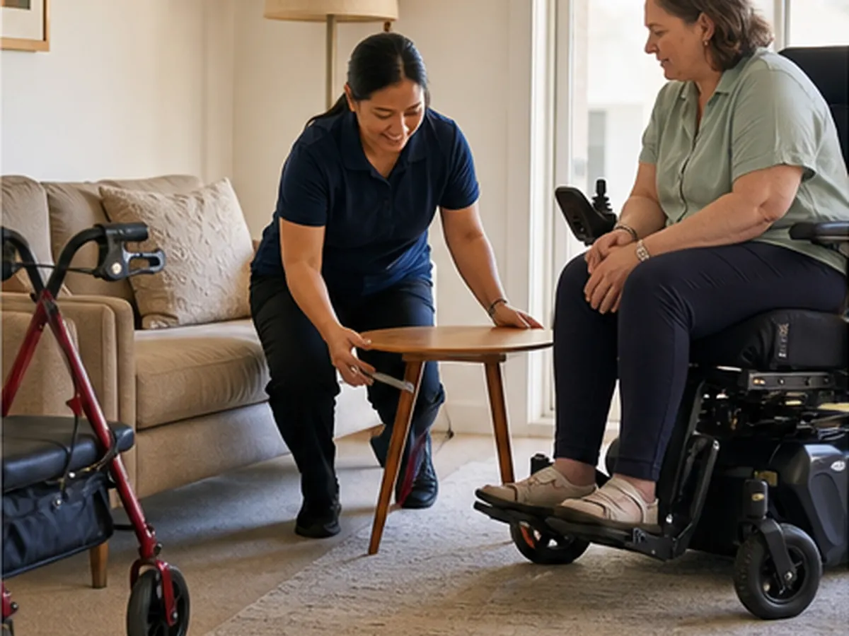 Cleaner moving a lightweight table to keep a clear pathway beside a mobility aid
